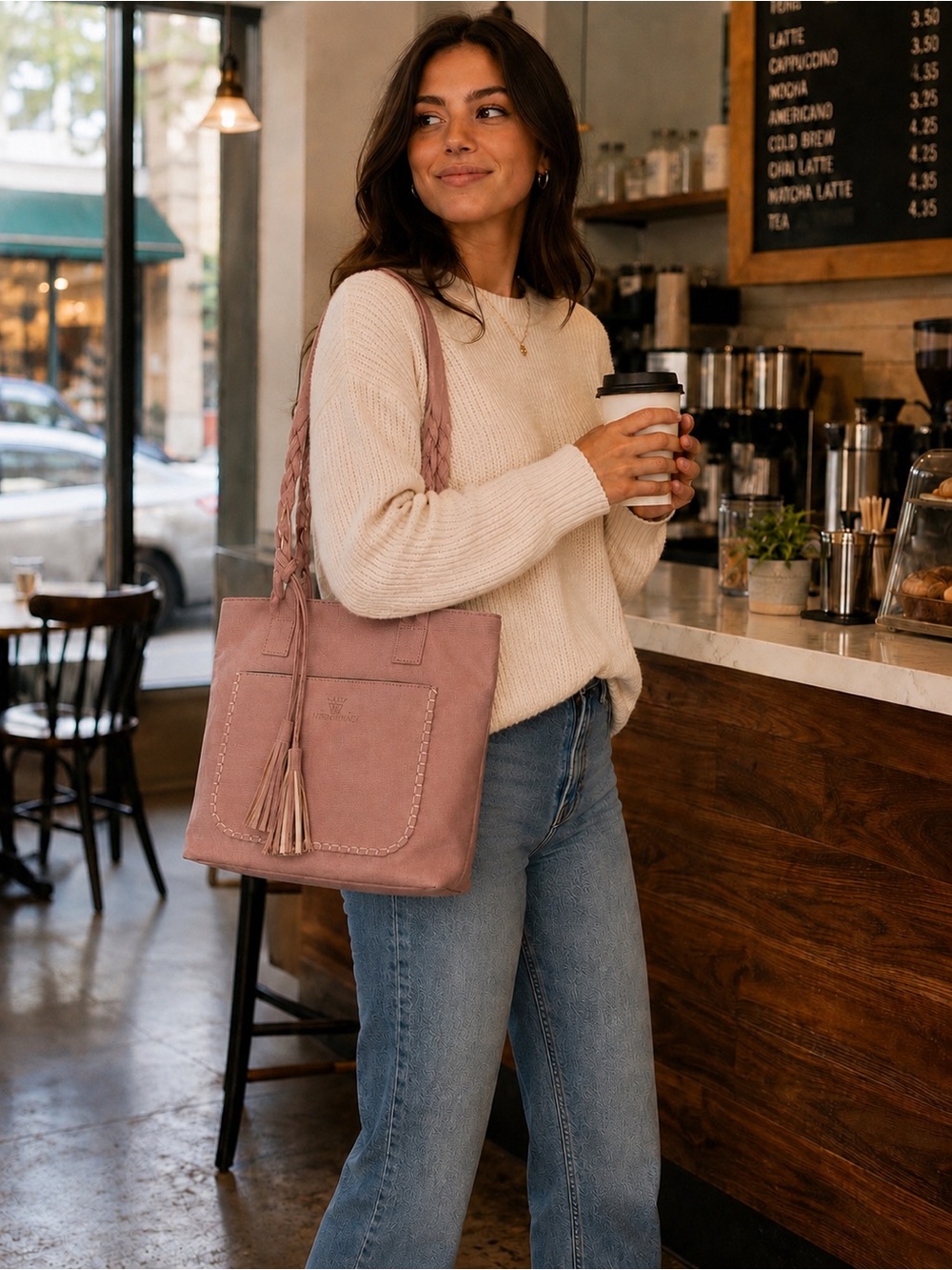 Weimeibaige Dusty Rose Braided Strap Oversized Tote Bag Tassel Whipstitch
